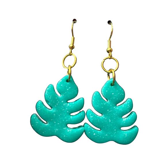 Glitter Teal Monstera Leaf Statement Earrings - Handmade Polymer Clay - Picture 1 of 2